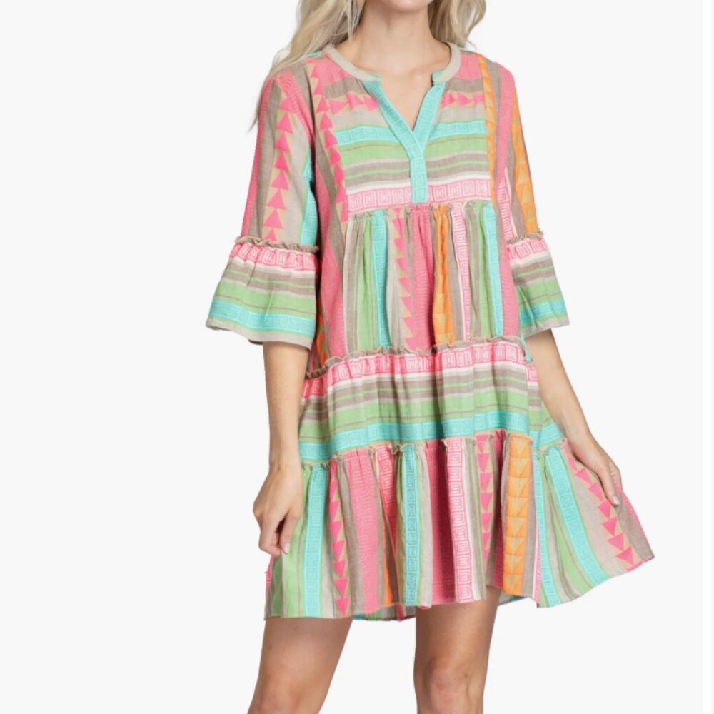 APNY Mixed Print Tiered Cotton Tunic Dress in Pink Multi Size M - Picture 2 of 14